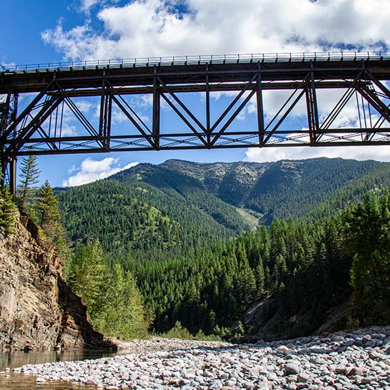 A railway bridge from below.