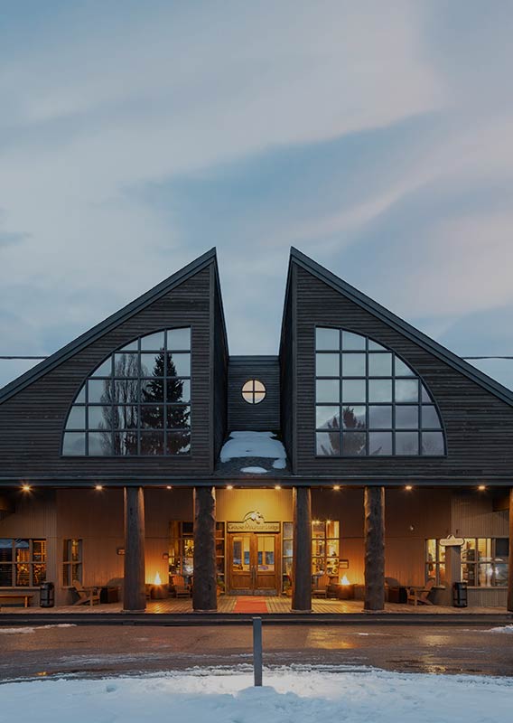 A wooden lodge decorated with hanging flowerpots and gardens