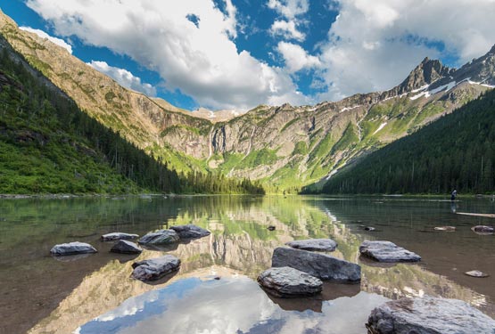 A reflecting lake surrounded by tree covered mountains on all sides