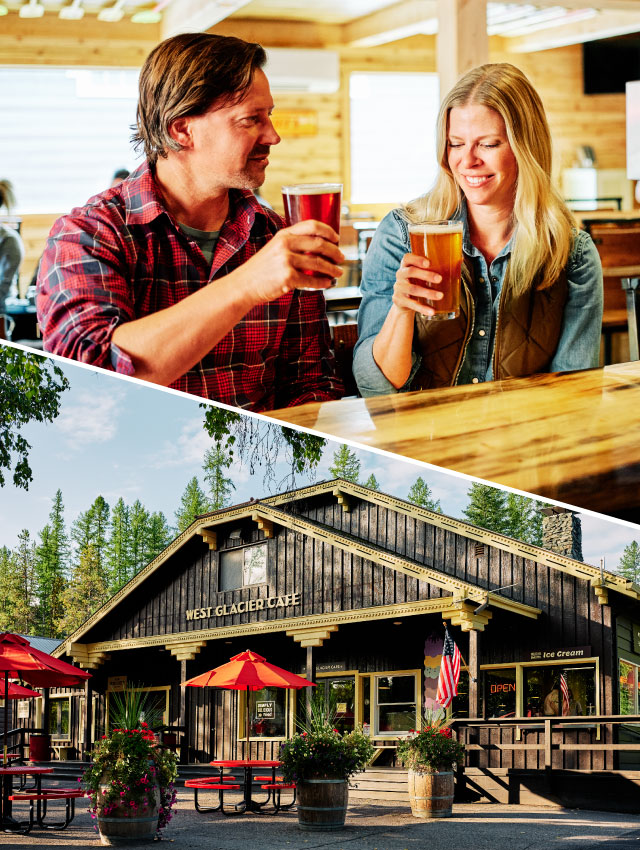 A split image of a couple enjoying pints of beer at the cafe and an exterior view of West Glacier Cafe.