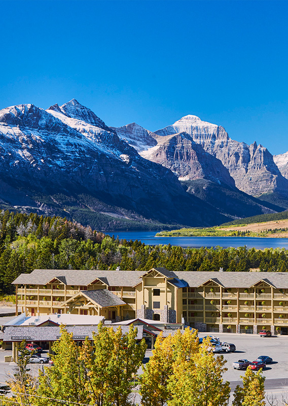 St. Mary Village from above, with mountains in the background.