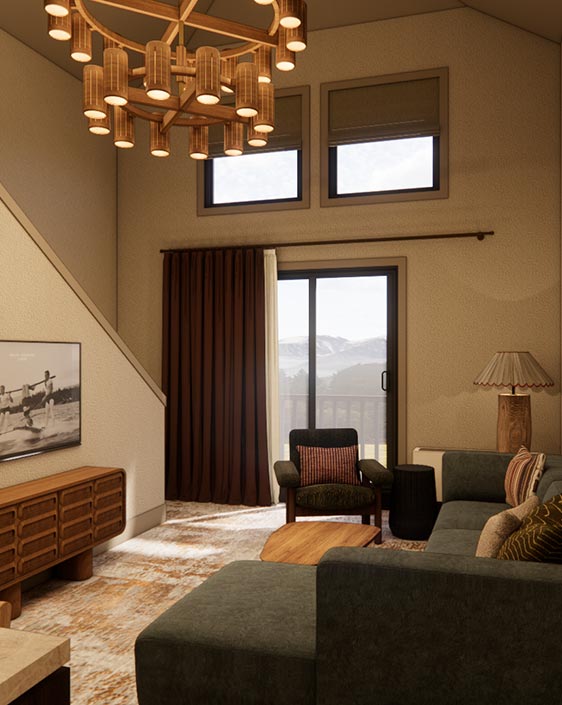 A rendering of a renovated hotel room at Hotel Whitefish.