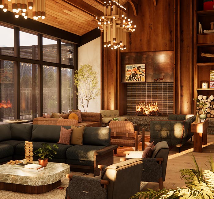 A rendering of the interior of a hotel lobby.