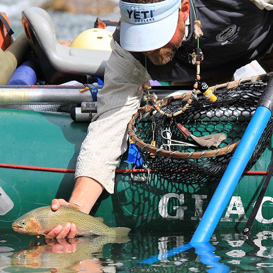 An angler on a green raft returns a trout to the water.