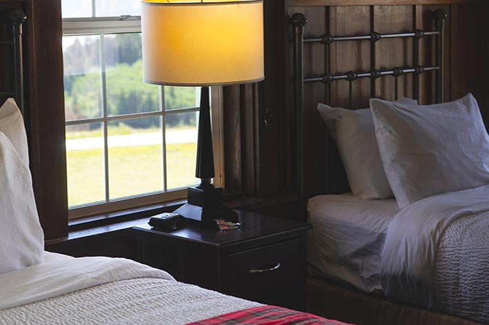 A lamp between two hotel beds.