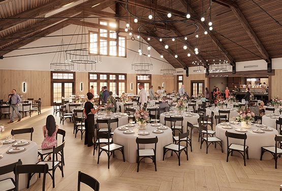 A rendering of the interior of the new Pavilion showing guests at a wedding.