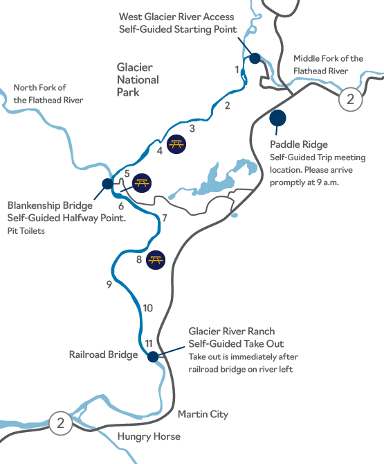 Map showing the location of the Middle Fork of the Flathead river and self-guided rafting route.