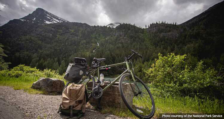 Bike parked in front of a mountain view