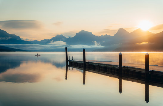 The dock at Lake McDonald at sunset