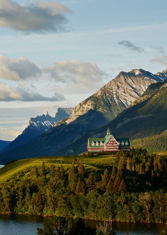 Wide angle view of the Prince of Wales Hotel and surrounding area.