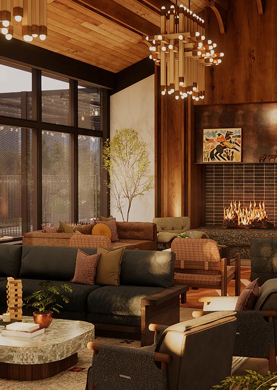 A rendering of the renovated lobby lounge of Hotel Whitefish.